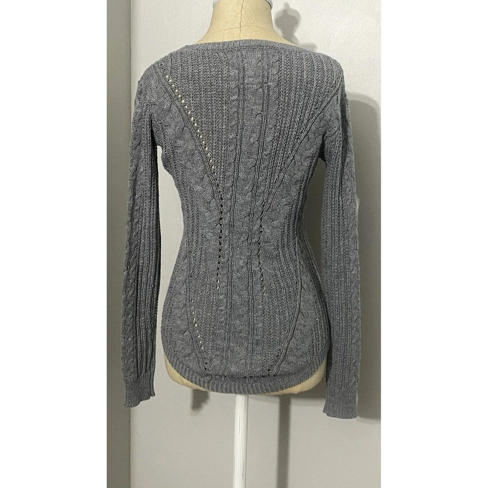 Womens Gray Cable Knit Sweater Long Sleeve Scoop Neck Soft Pullover Cozy Knit